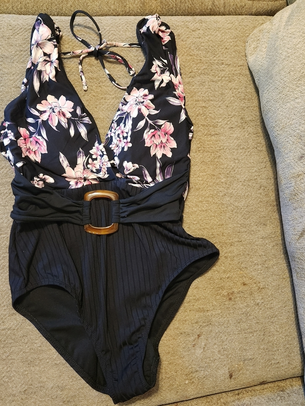 Time and Tru Black Floral Halter One-Piece Swimsuit